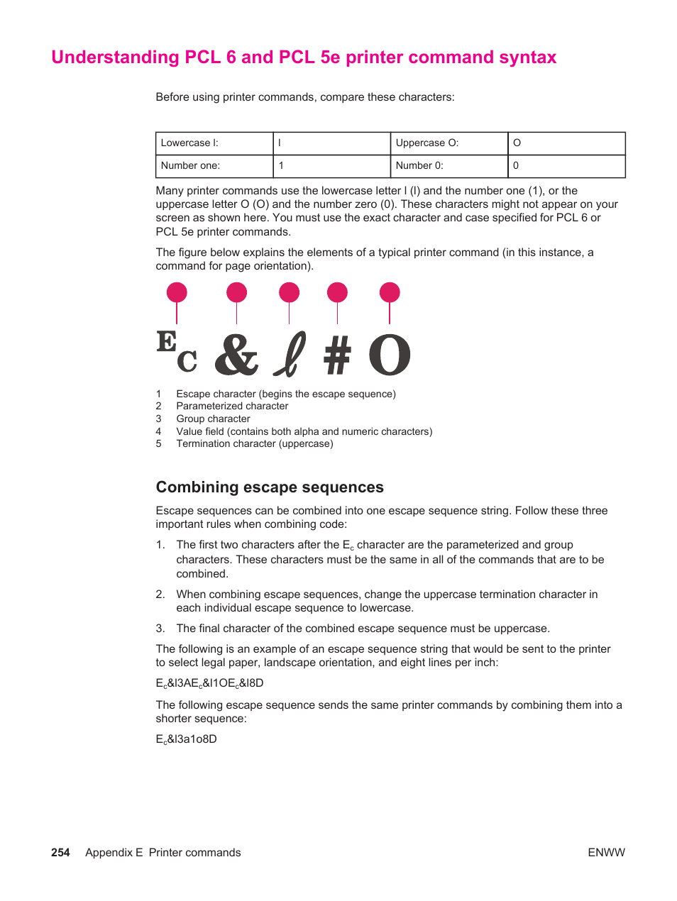 Combining escape sequences | HP LaserJet 4250 User Manual | Page 266 / 304