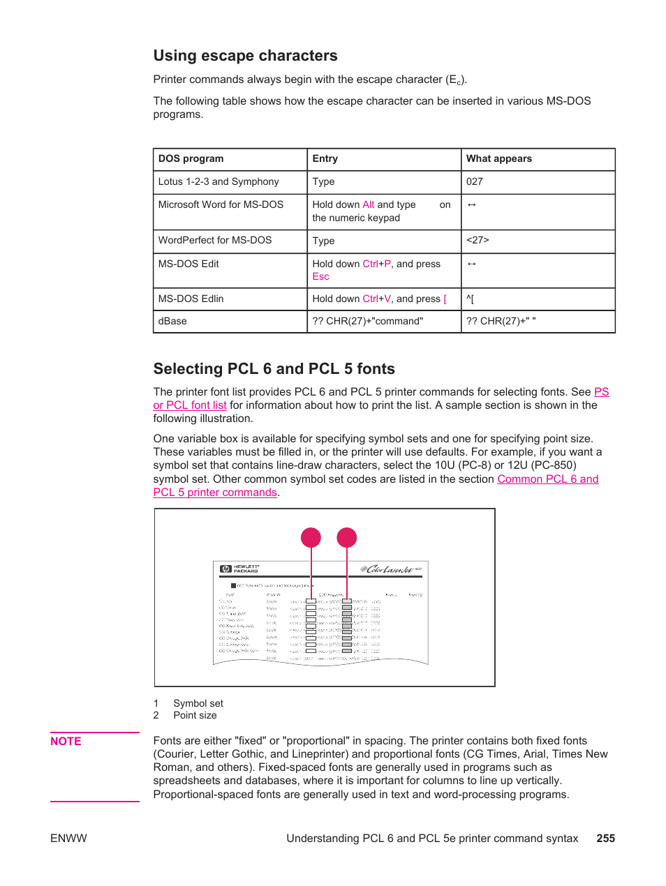 Using escape characters, Selecting pcl 6 and pcl 5 fonts | HP LaserJet 4250 User Manual | Page 267 / 304