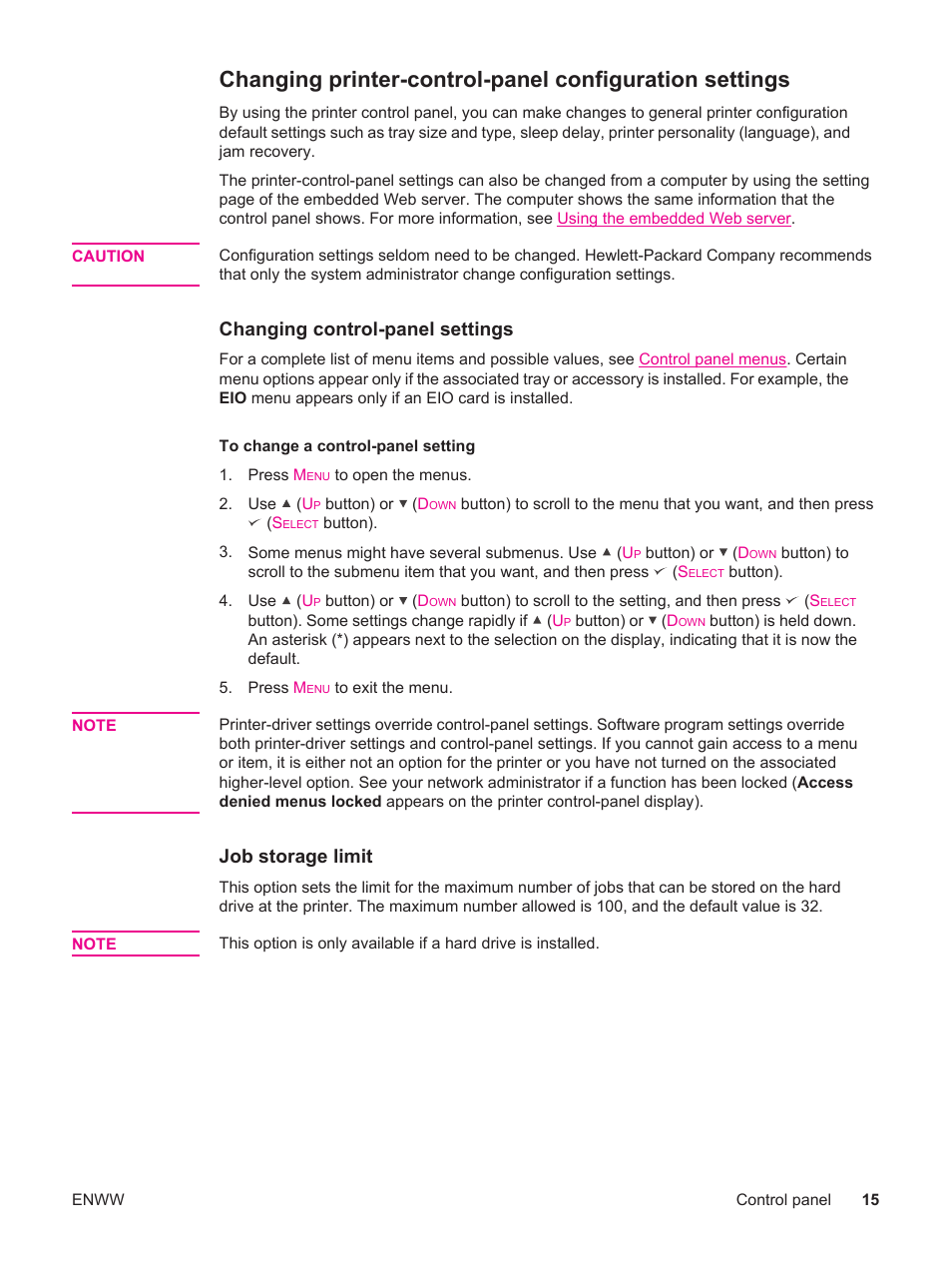 Changing control-panel settings, Job storage limit | HP LaserJet 4250 User Manual | Page 27 / 304