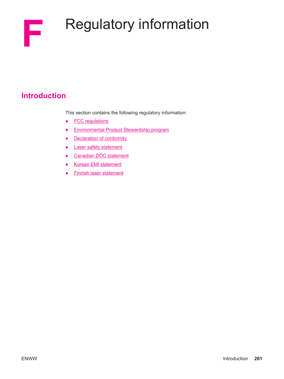 Regulatory information, Introduction, Appendix f regulatory information | HP LaserJet 4250 User Manual | Page 273 / 304