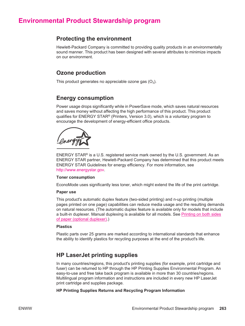 Environmental product stewardship program, Protecting the environment, Ozone production | Energy consumption, Hp laserjet printing supplies | HP LaserJet 4250 User Manual | Page 275 / 304