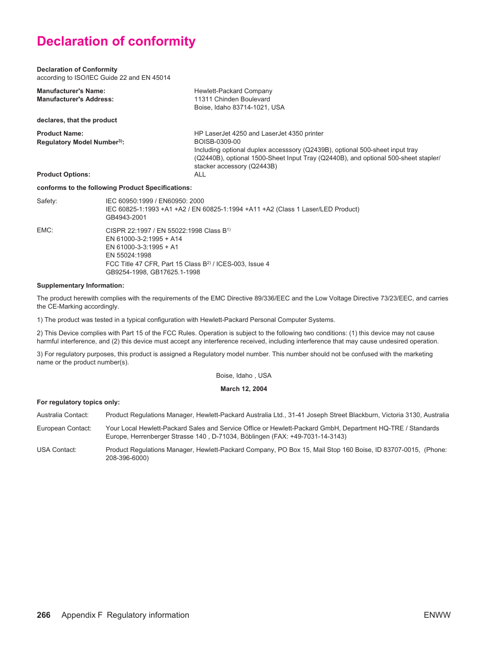 Declaration of conformity, 266 appendix f regulatory information enww | HP LaserJet 4250 User Manual | Page 278 / 304