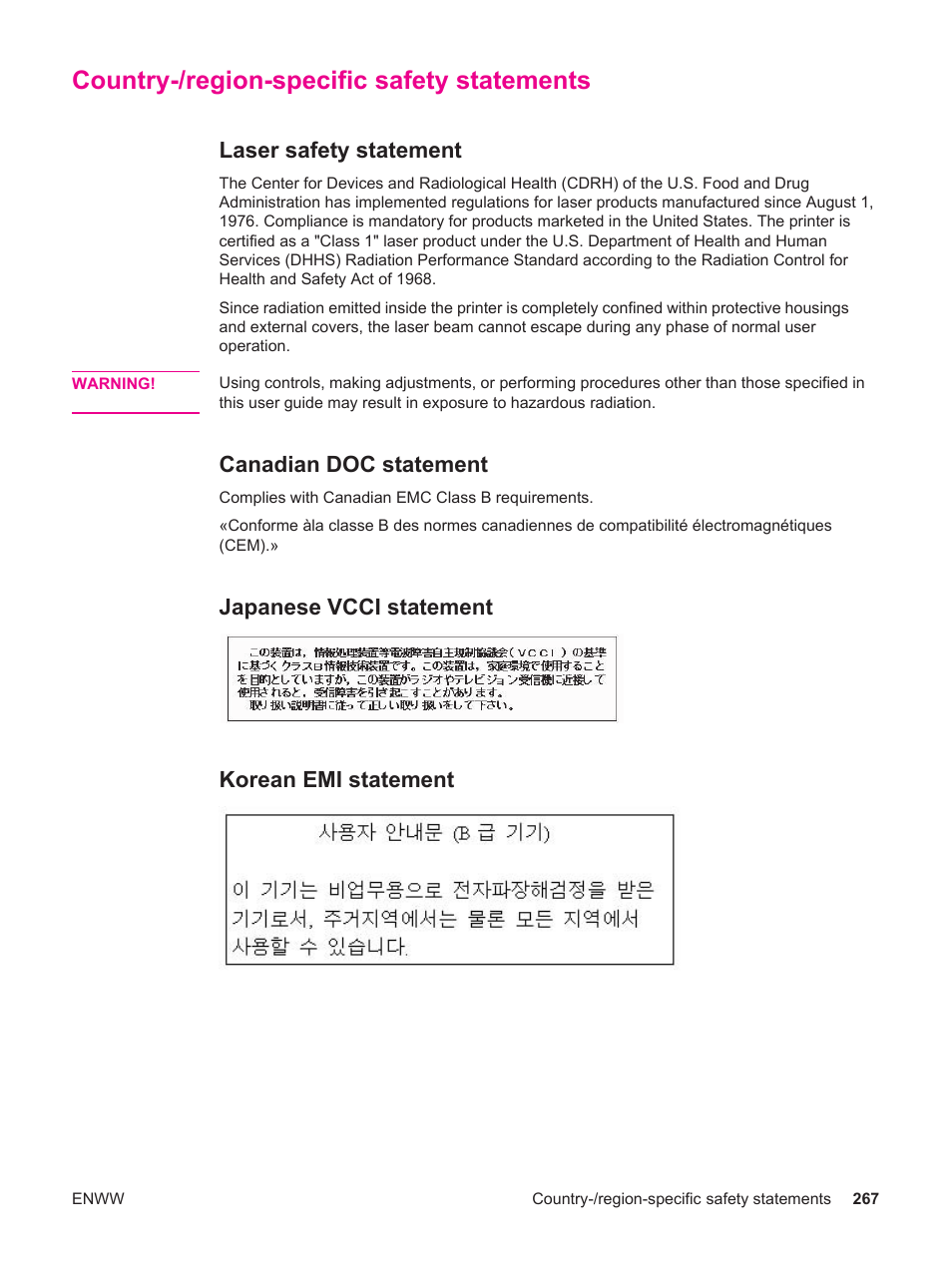Country-/region-specific safety statements, Laser safety statement, Canadian doc statement | Japanese vcci statement, Korean emi statement, Japanese vcci statement korean emi statement | HP LaserJet 4250 User Manual | Page 279 / 304
