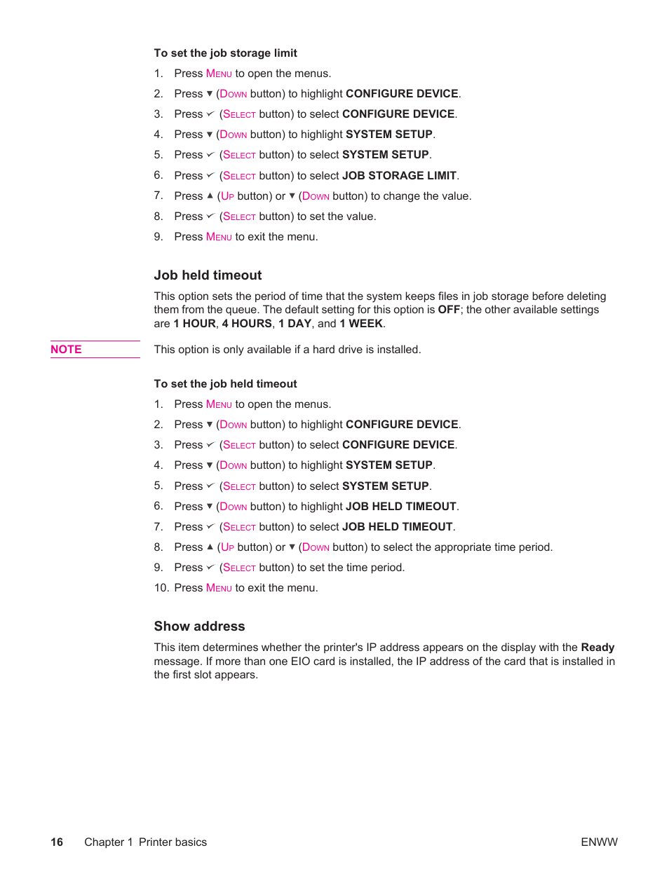 Job held timeout, Show address | HP LaserJet 4250 User Manual | Page 28 / 304