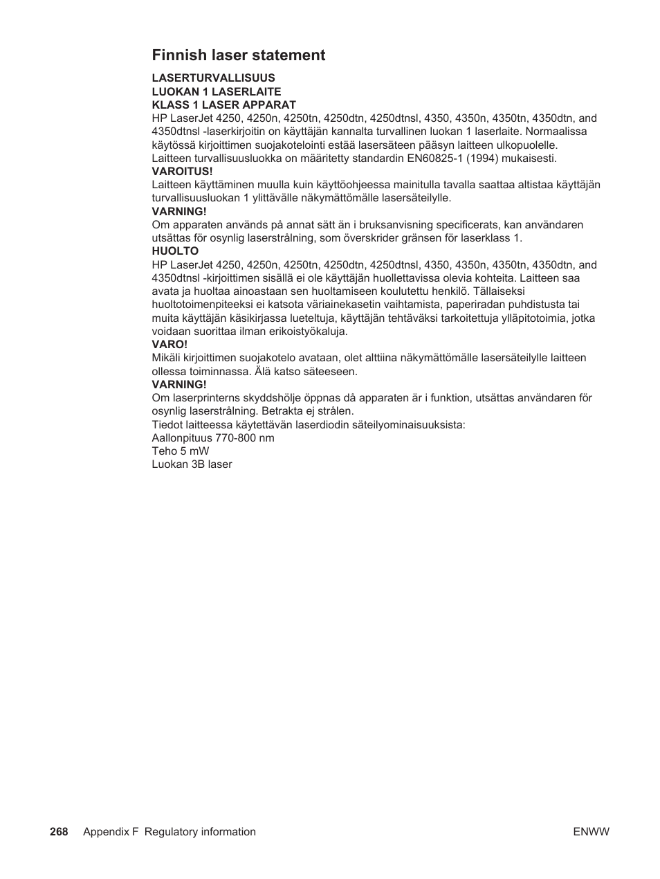 Finnish laser statement | HP LaserJet 4250 User Manual | Page 280 / 304