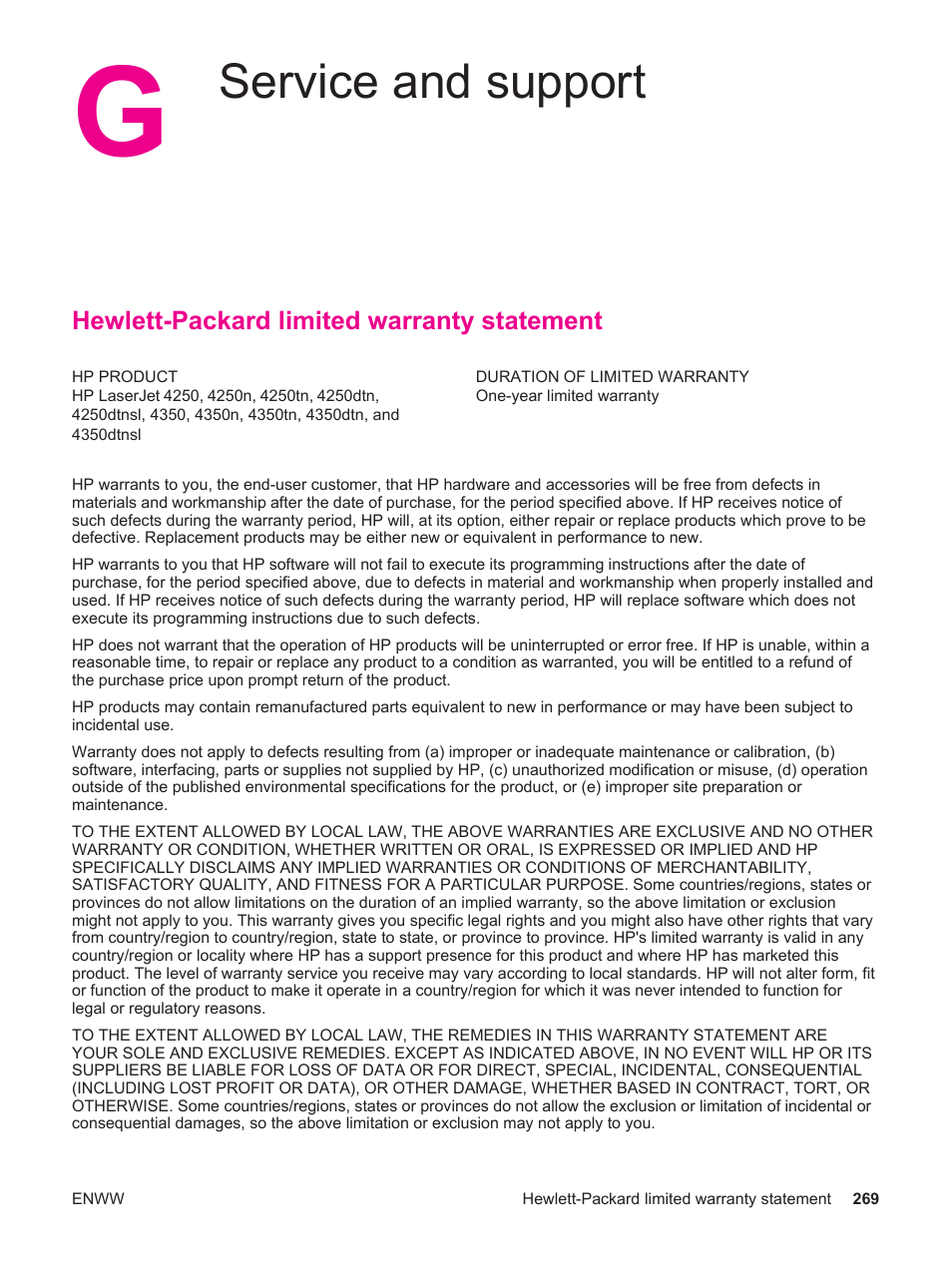 Service and support, Hewlett-packard limited warranty statement, Appendix g service and support | HP LaserJet 4250 User Manual | Page 281 / 304