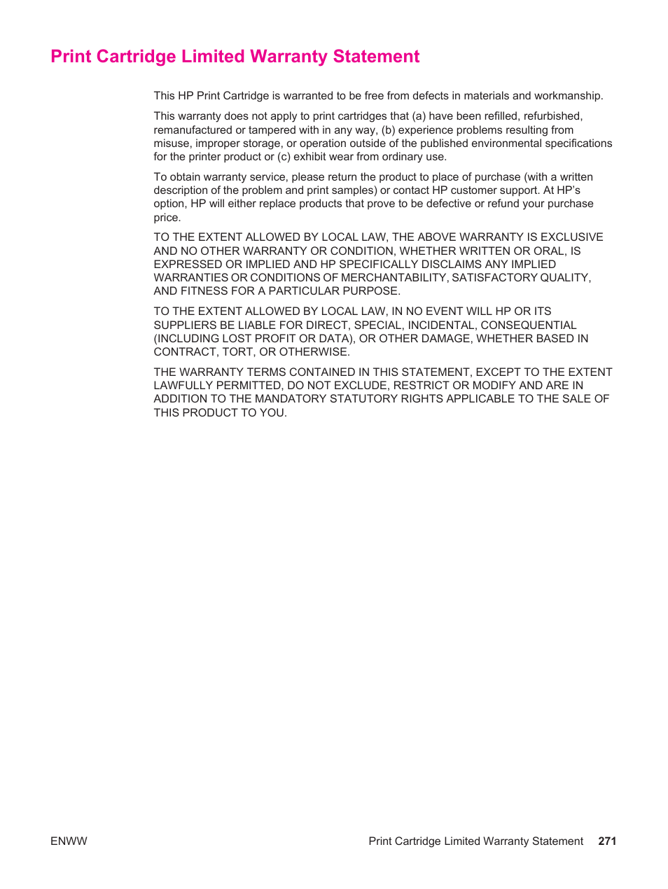 Print cartridge limited warranty statement | HP LaserJet 4250 User Manual | Page 283 / 304