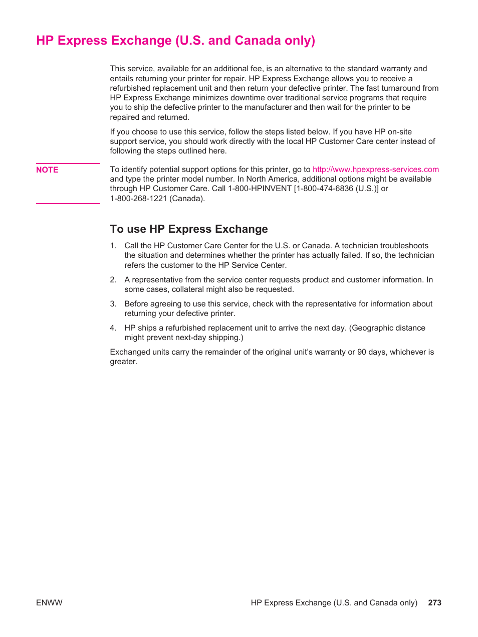 Hp express exchange (u.s. and canada only), To use hp express exchange | HP LaserJet 4250 User Manual | Page 285 / 304