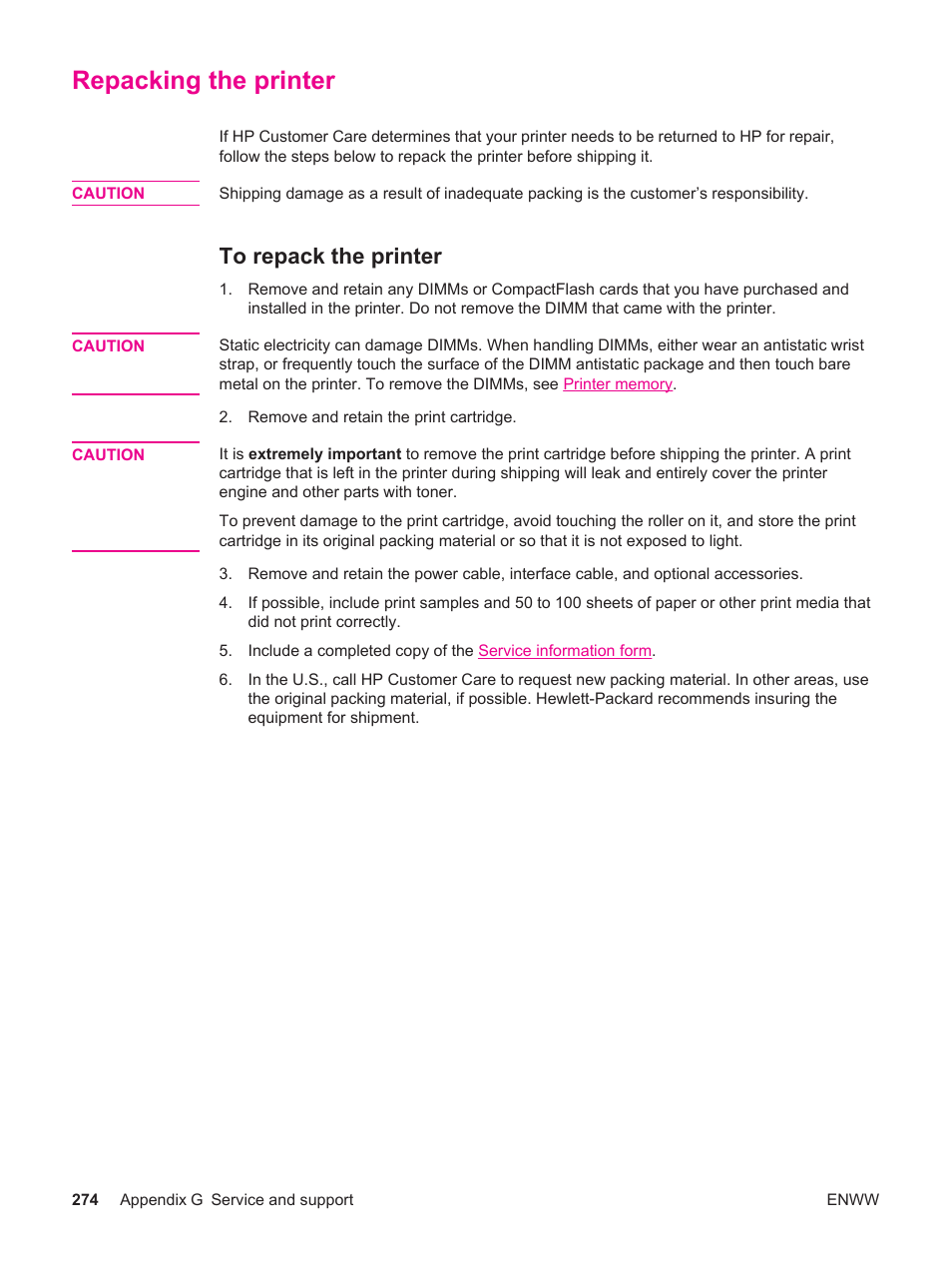 Repacking the printer, To repack the printer | HP LaserJet 4250 User Manual | Page 286 / 304