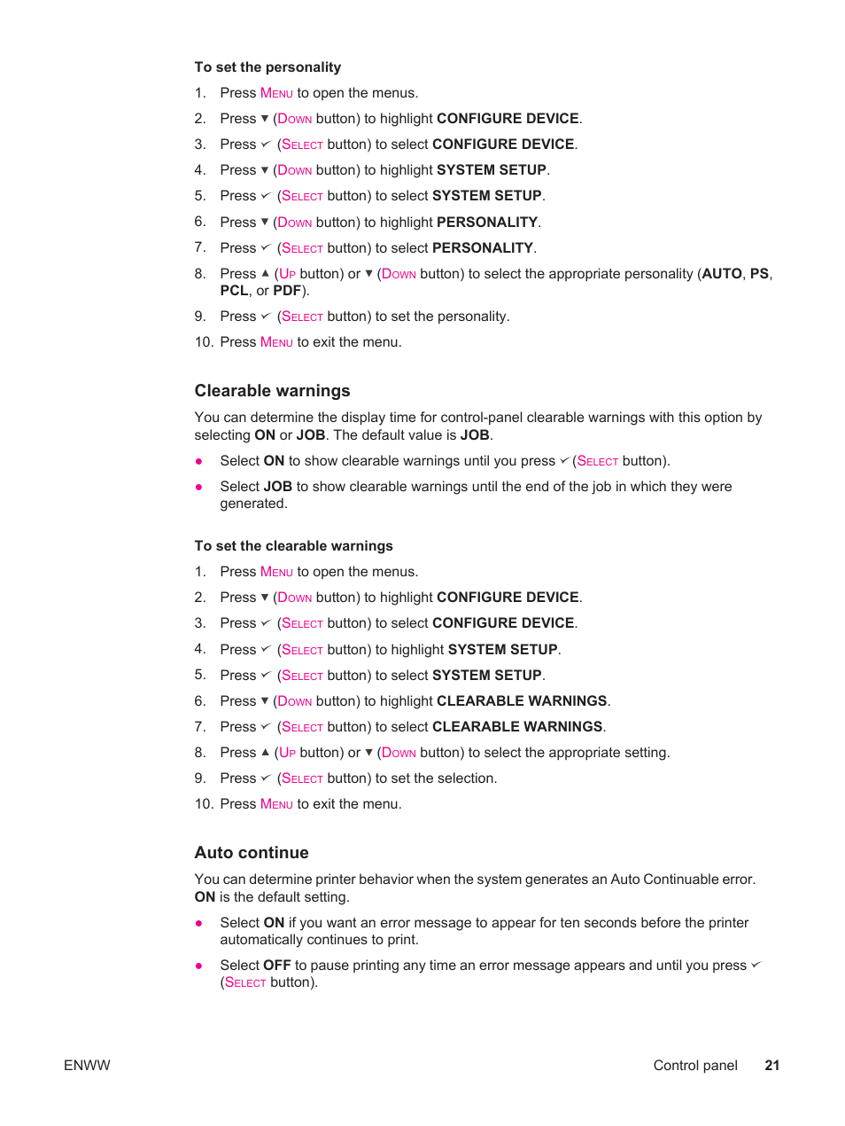 Clearable warnings, Auto continue | HP LaserJet 4250 User Manual | Page 33 / 304