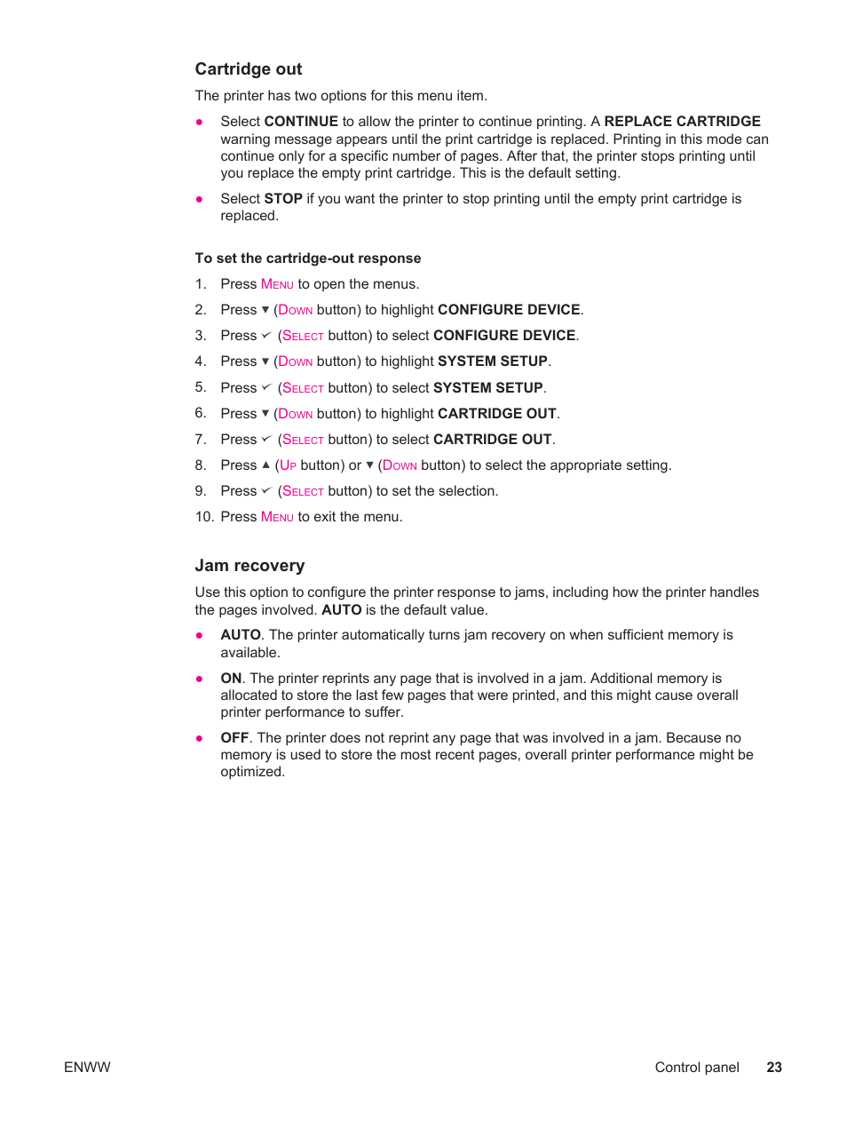 Cartridge out, Jam recovery | HP LaserJet 4250 User Manual | Page 35 / 304