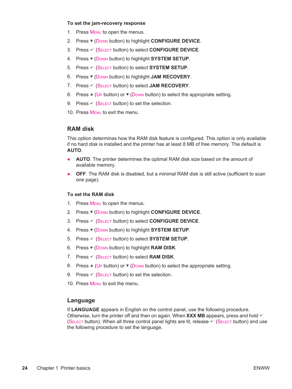 Ram disk, Language | HP LaserJet 4250 User Manual | Page 36 / 304