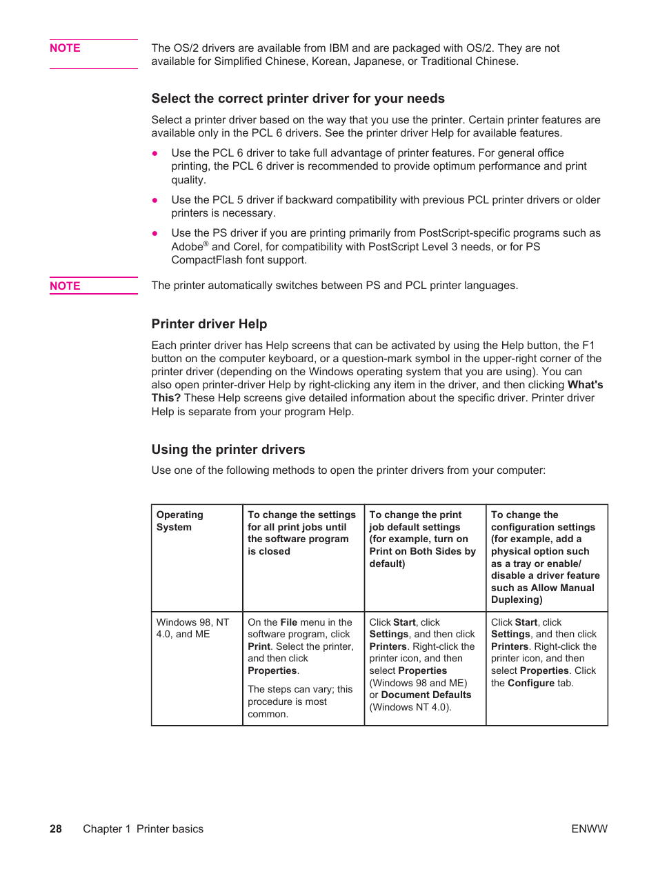 Select the correct printer driver for your needs, Printer driver help, Using the printer drivers | HP LaserJet 4250 User Manual | Page 40 / 304