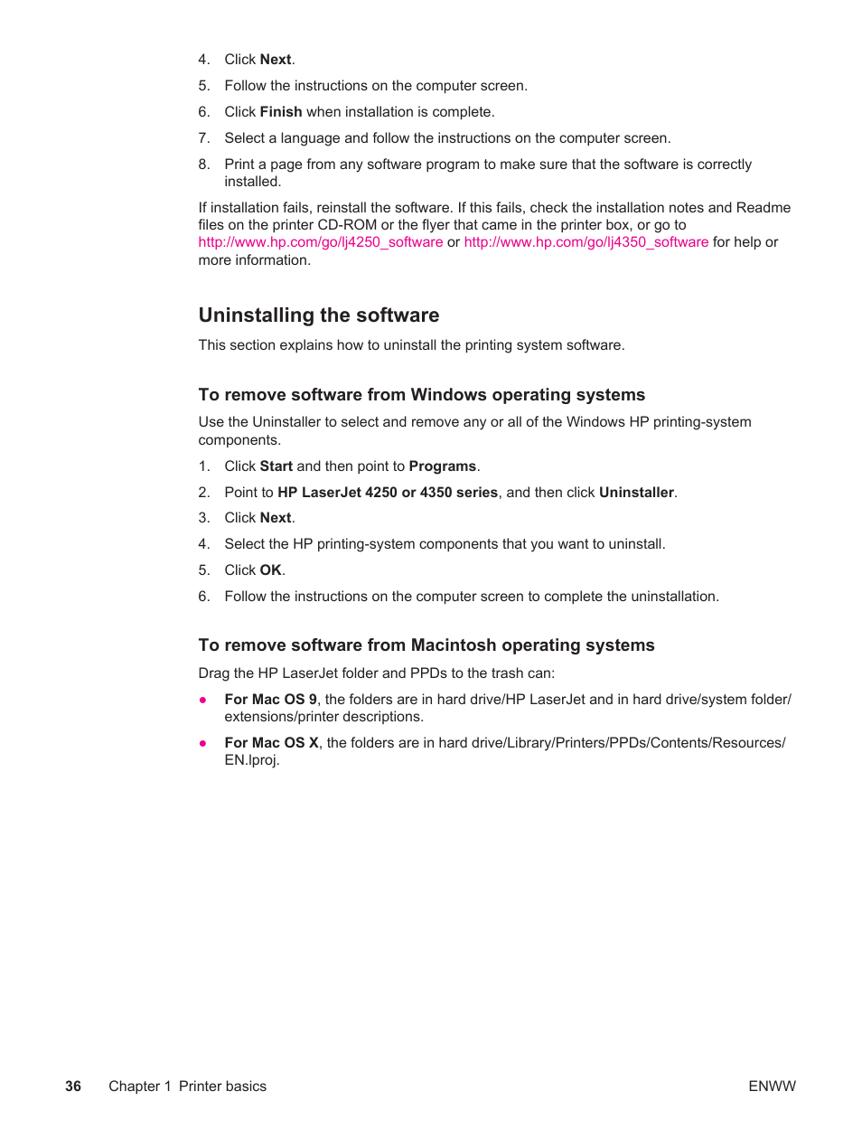 Uninstalling the software | HP LaserJet 4250 User Manual | Page 48 / 304