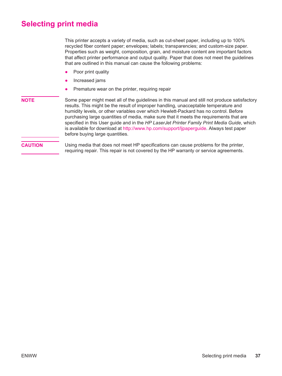 Selecting print media | HP LaserJet 4250 User Manual | Page 49 / 304