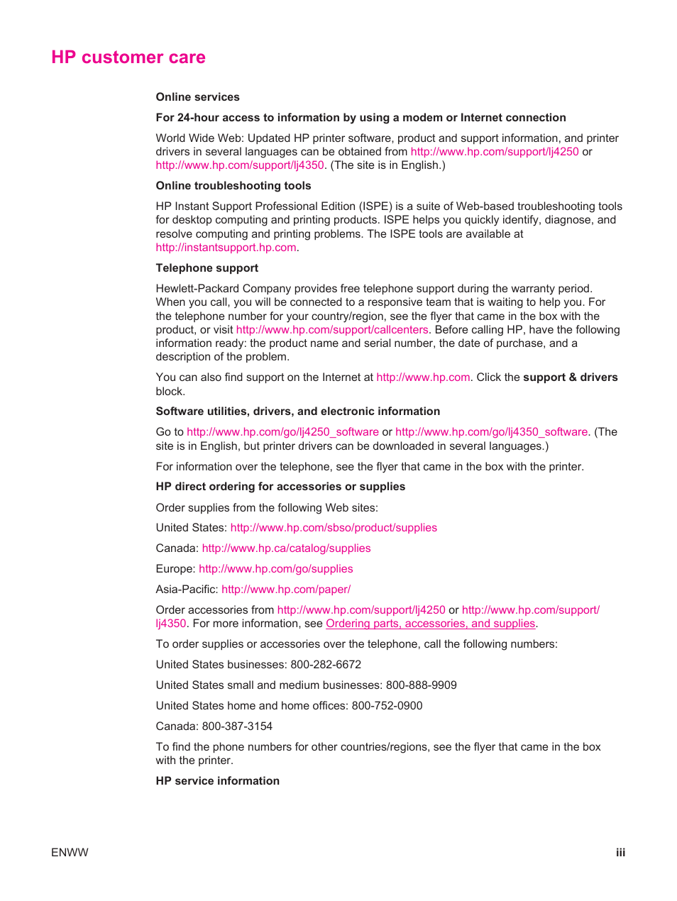 Hp customer care | HP LaserJet 4250 User Manual | Page 5 / 304