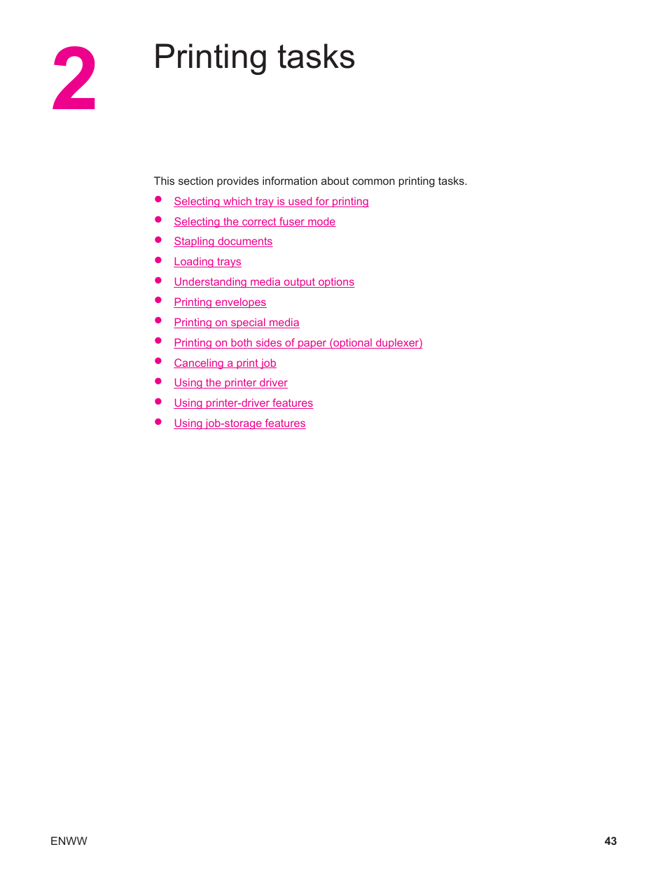 Printing tasks, 2 printing tasks | HP LaserJet 4250 User Manual | Page 55 / 304