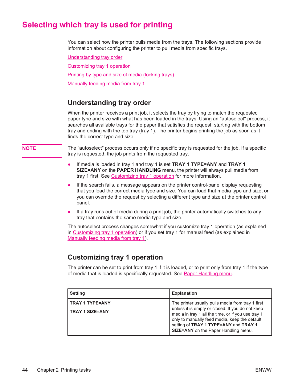 Selecting which tray is used for printing, Understanding tray order, Customizing tray 1 operation | HP LaserJet 4250 User Manual | Page 56 / 304