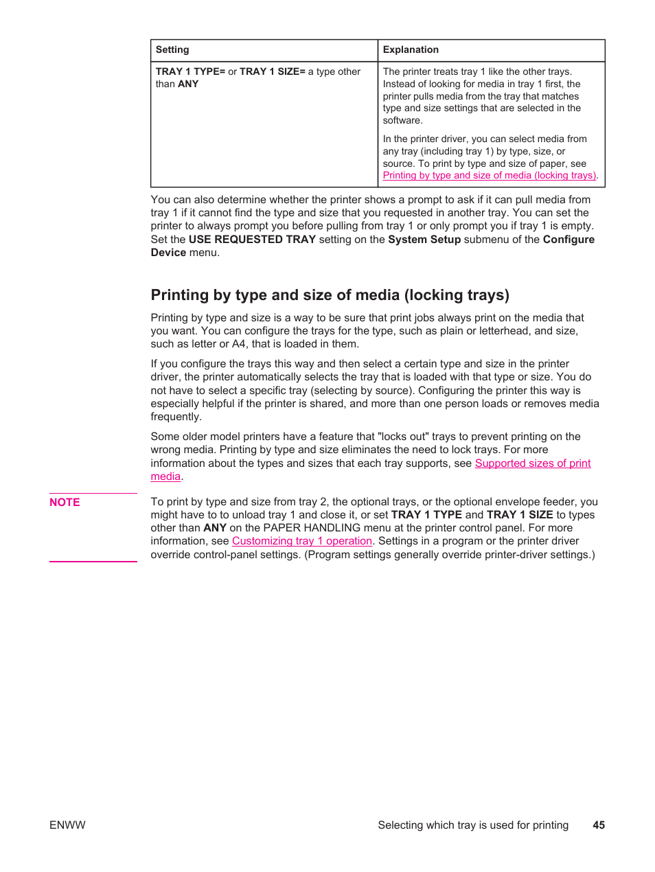 Printing by type and size of media (locking trays) | HP LaserJet 4250 User Manual | Page 57 / 304