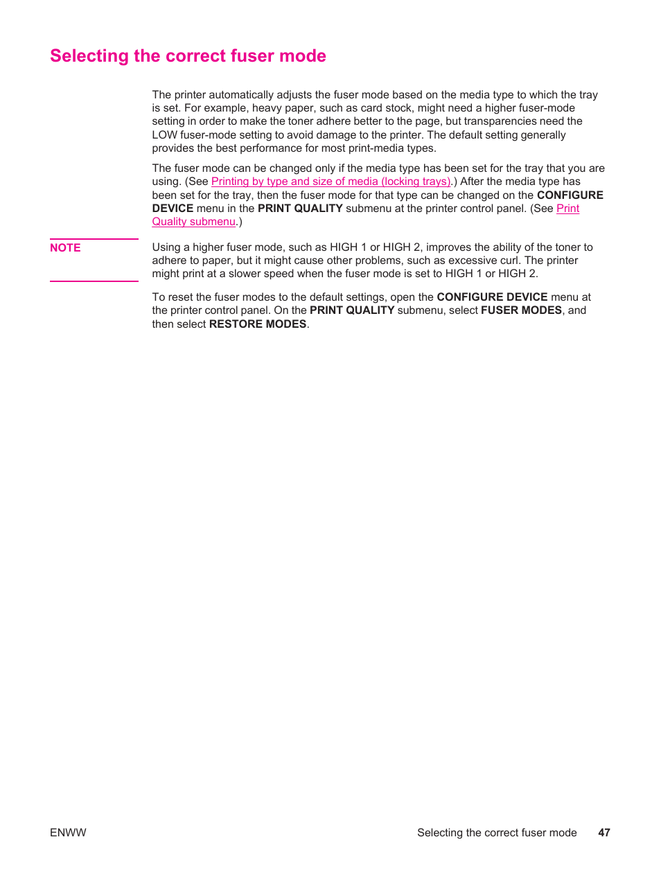 Selecting the correct fuser mode | HP LaserJet 4250 User Manual | Page 59 / 304