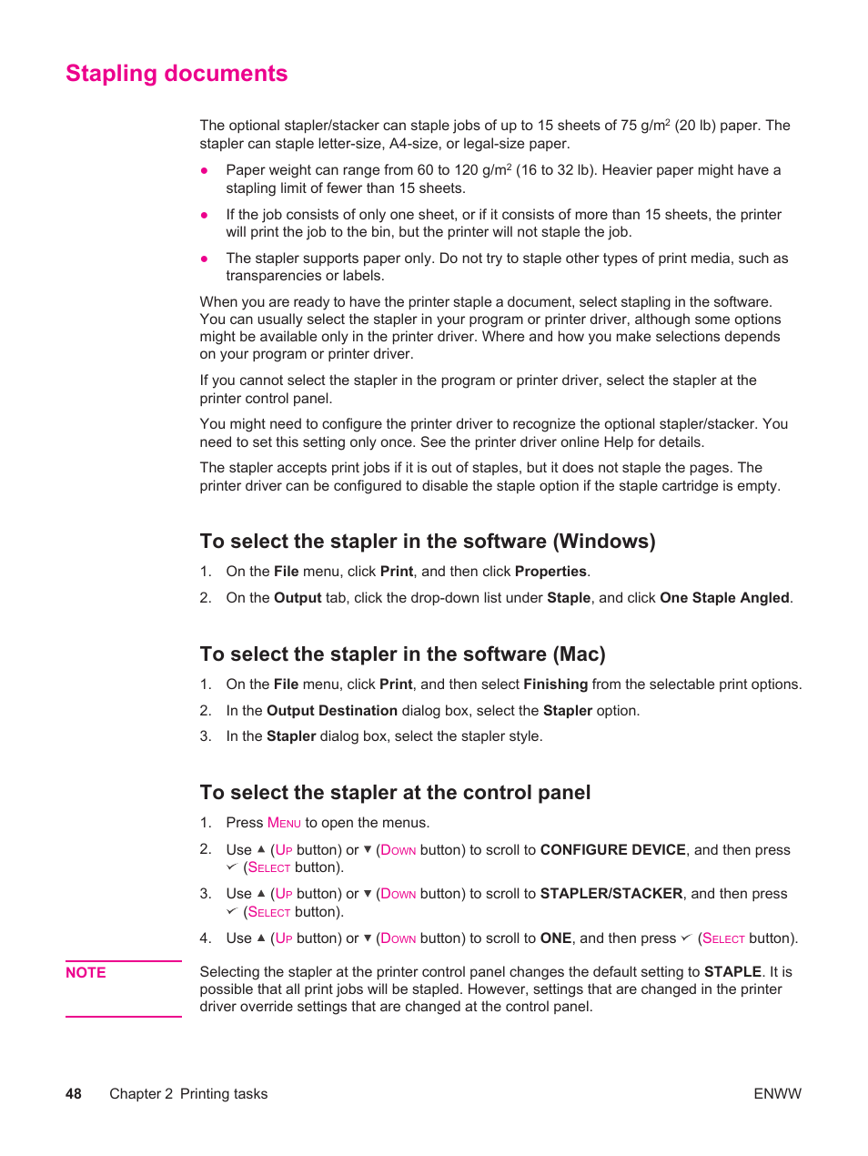 Stapling documents, To select the stapler in the software (windows), To select the stapler in the software (mac) | To select the stapler at the control panel | HP LaserJet 4250 User Manual | Page 60 / 304