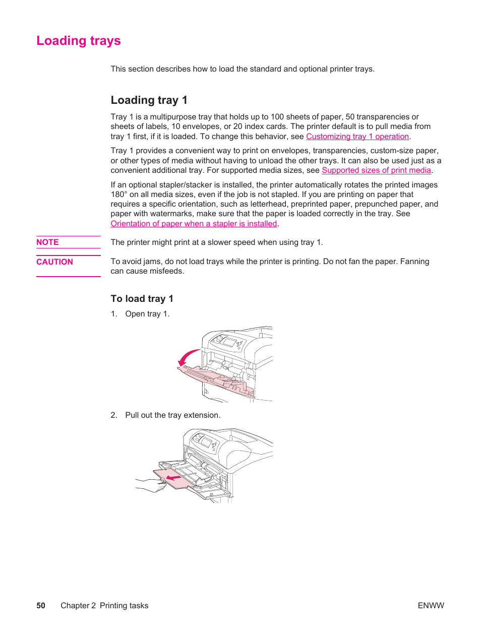 Loading trays, Loading tray 1, Trays correctly. see | HP LaserJet 4250 User Manual | Page 62 / 304