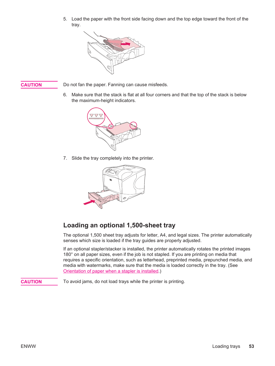 Loading an optional 1,500-sheet tray | HP LaserJet 4250 User Manual | Page 65 / 304