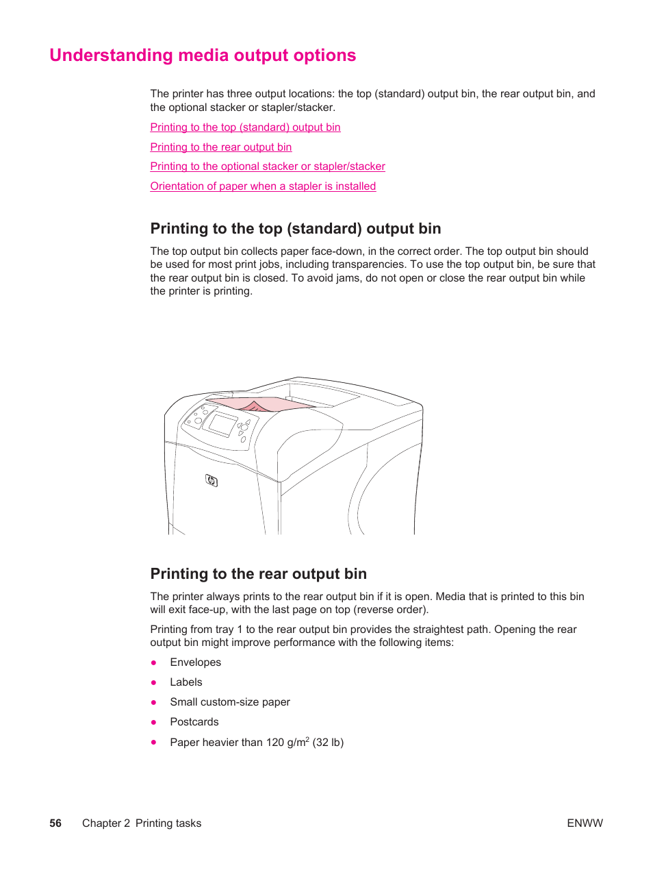 Understanding media output options, Printing to the top (standard) output bin, Printing to the rear output bin | HP LaserJet 4250 User Manual | Page 68 / 304