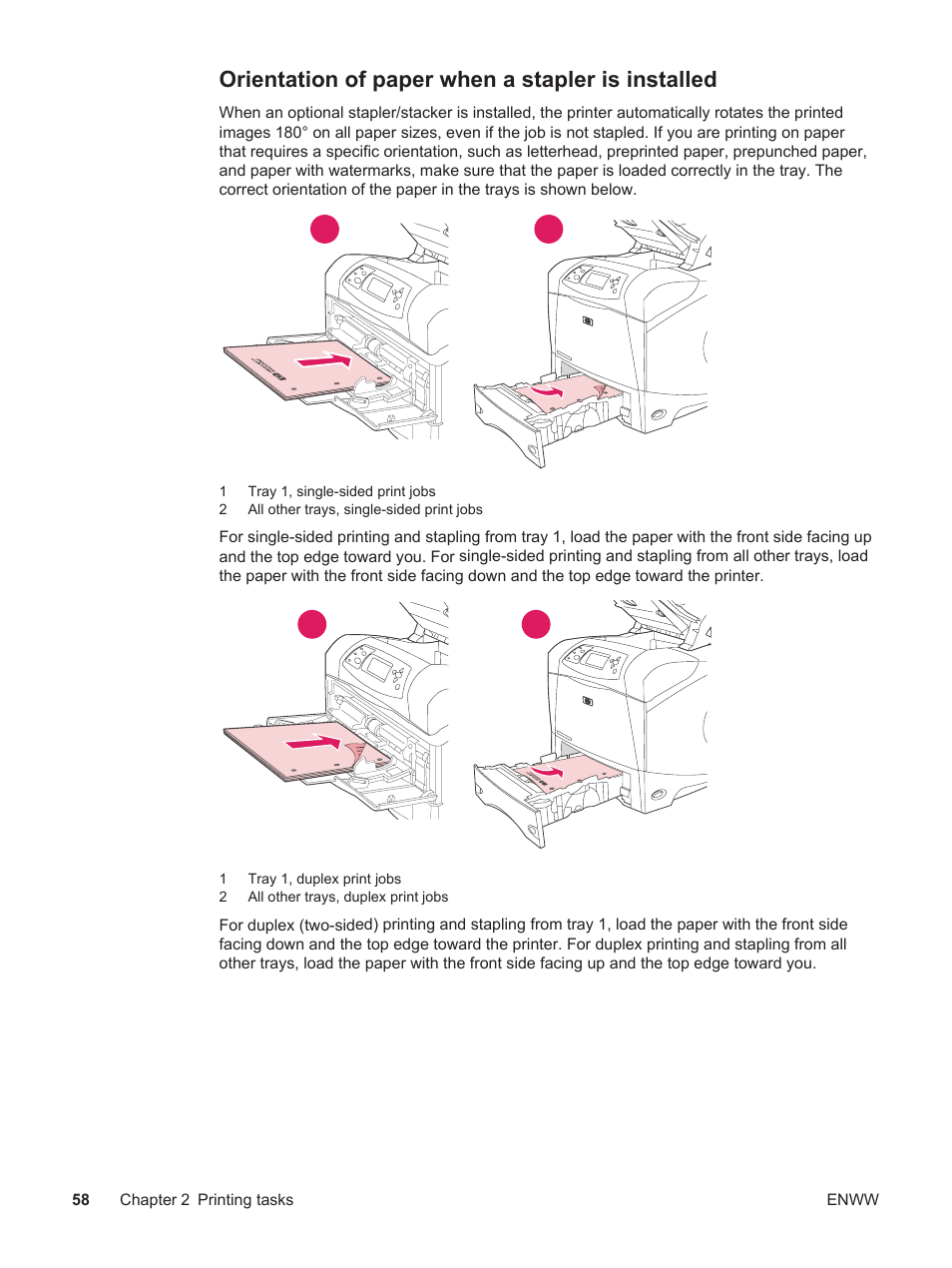 Orientation of paper when a stapler is installed | HP LaserJet 4250 User Manual | Page 70 / 304