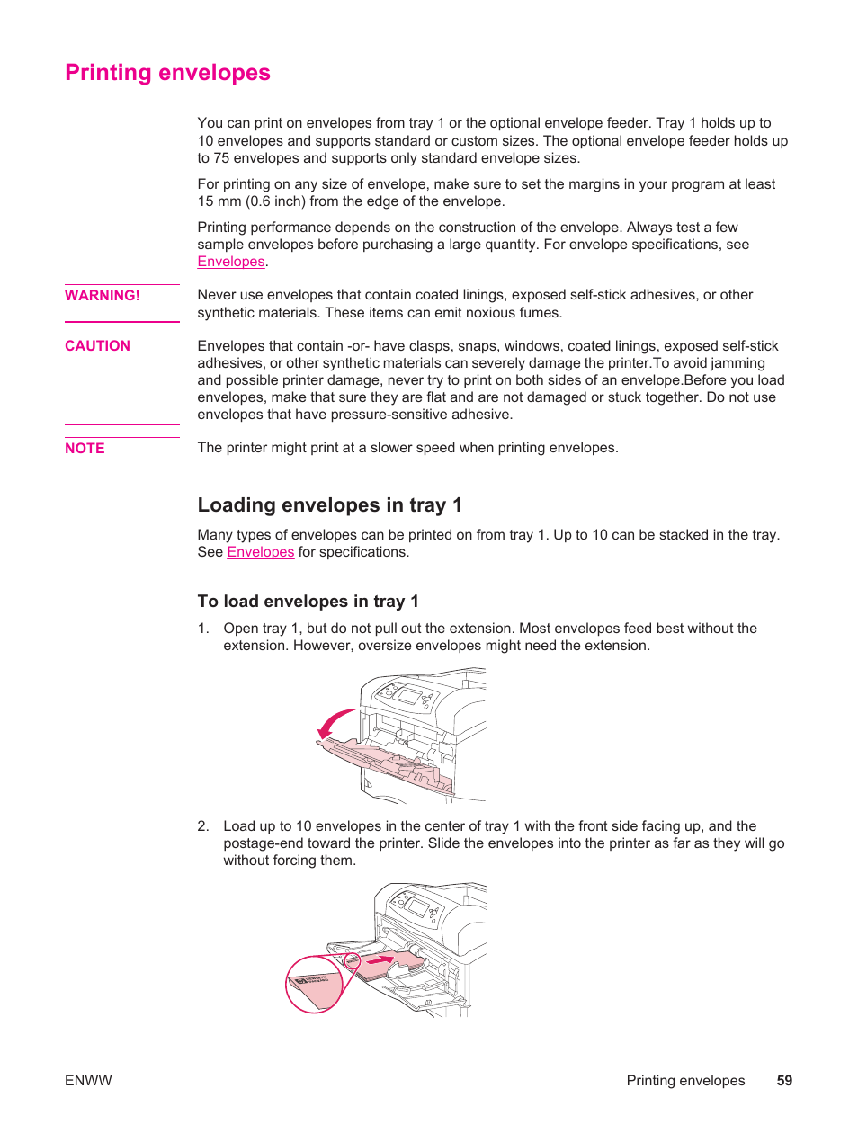 Printing envelopes, Loading envelopes in tray 1 | HP LaserJet 4250 User Manual | Page 71 / 304