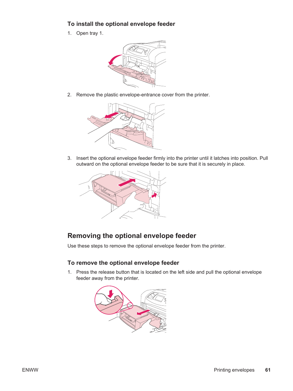 Removing the optional envelope feeder | HP LaserJet 4250 User Manual | Page 73 / 304