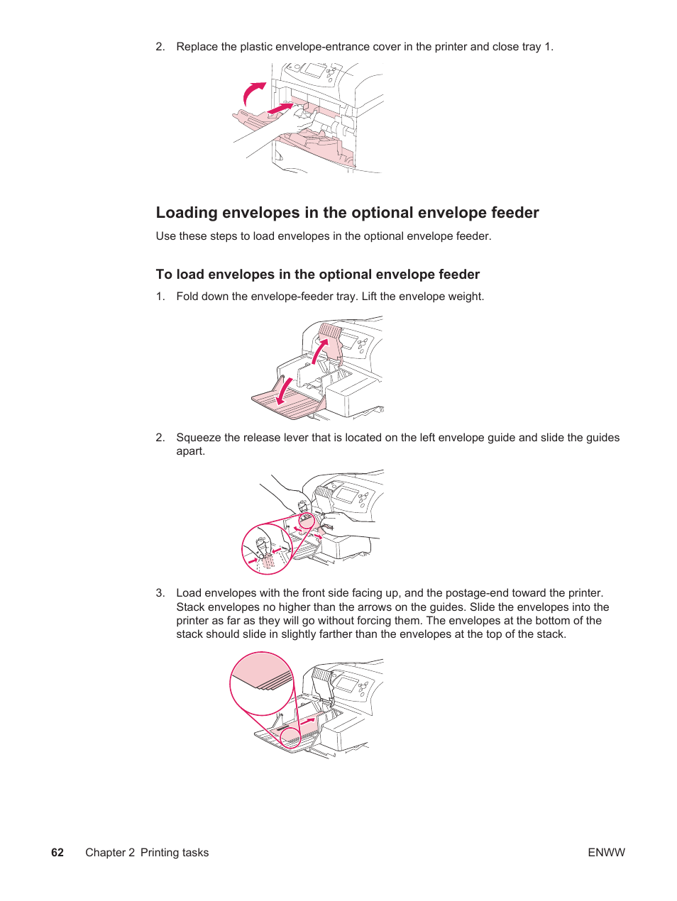 Loading envelopes in the optional envelope feeder | HP LaserJet 4250 User Manual | Page 74 / 304