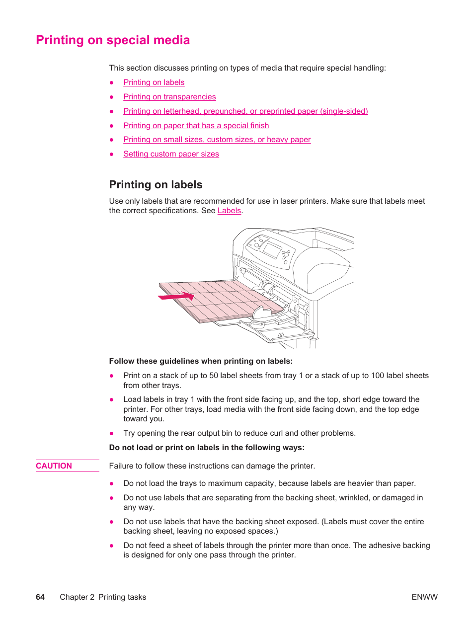 Printing on special media, Printing on labels | HP LaserJet 4250 User Manual | Page 76 / 304
