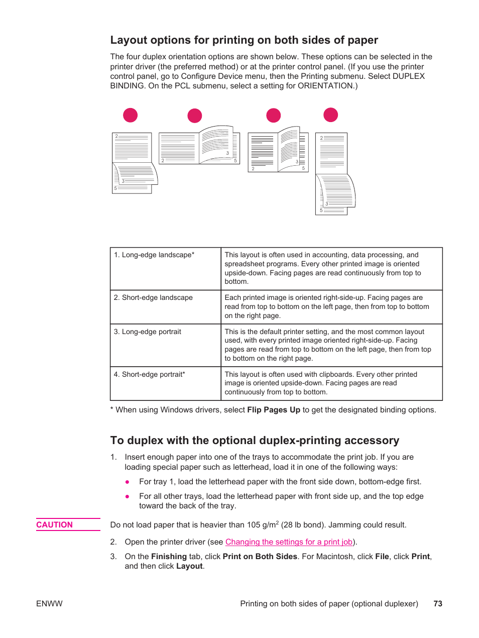 Layout options for printing on both sides of paper | HP LaserJet 4250 User Manual | Page 85 / 304