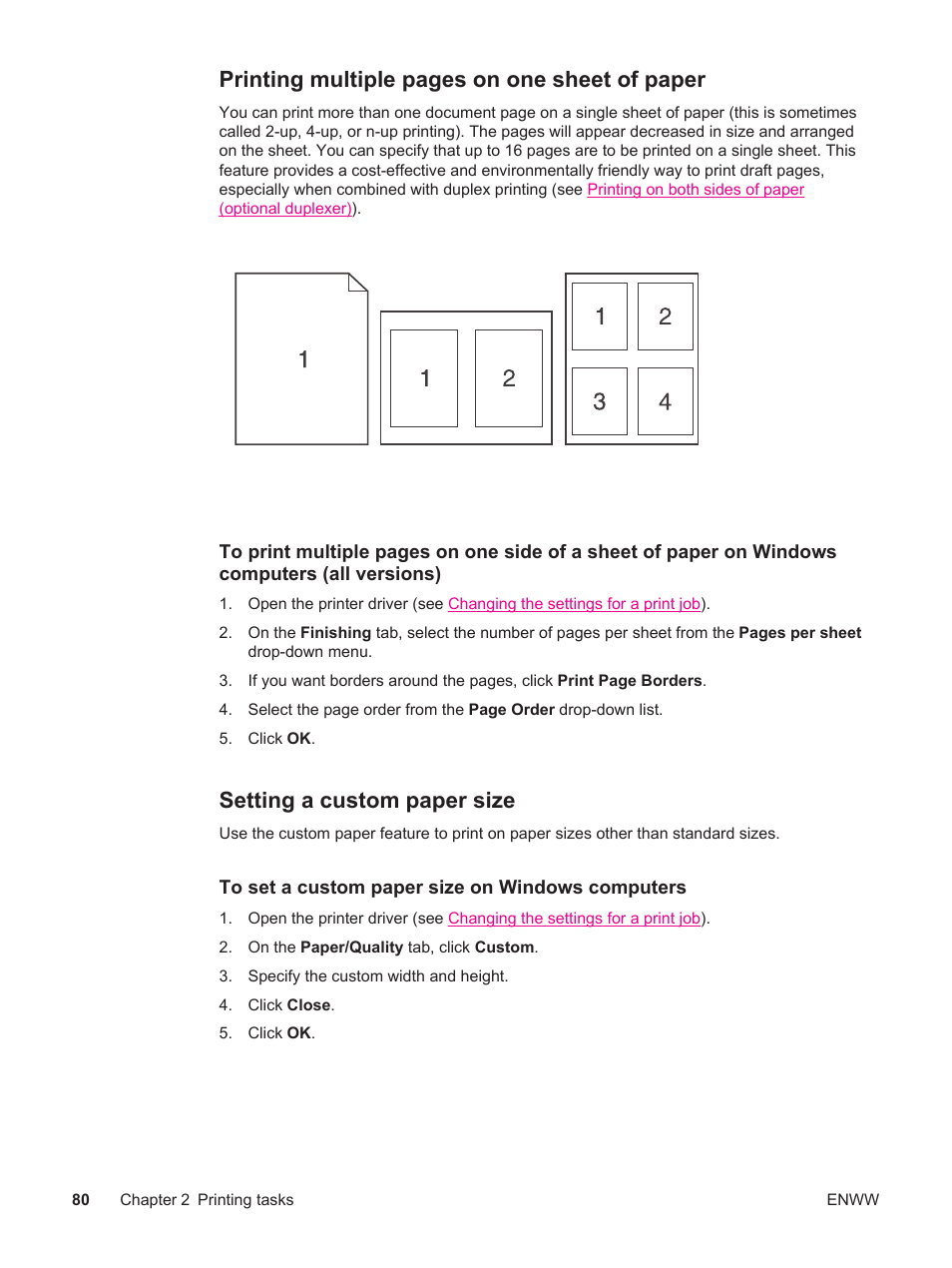 Setting a custom paper size, Printing multiple pages on one sheet of paper | HP LaserJet 4250 User Manual | Page 92 / 304