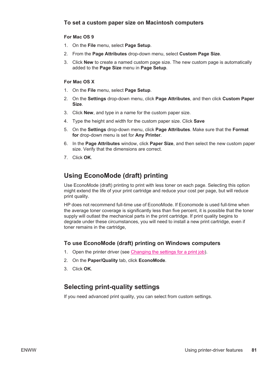 Using economode (draft) printing, Selecting print-quality settings | HP LaserJet 4250 User Manual | Page 93 / 304