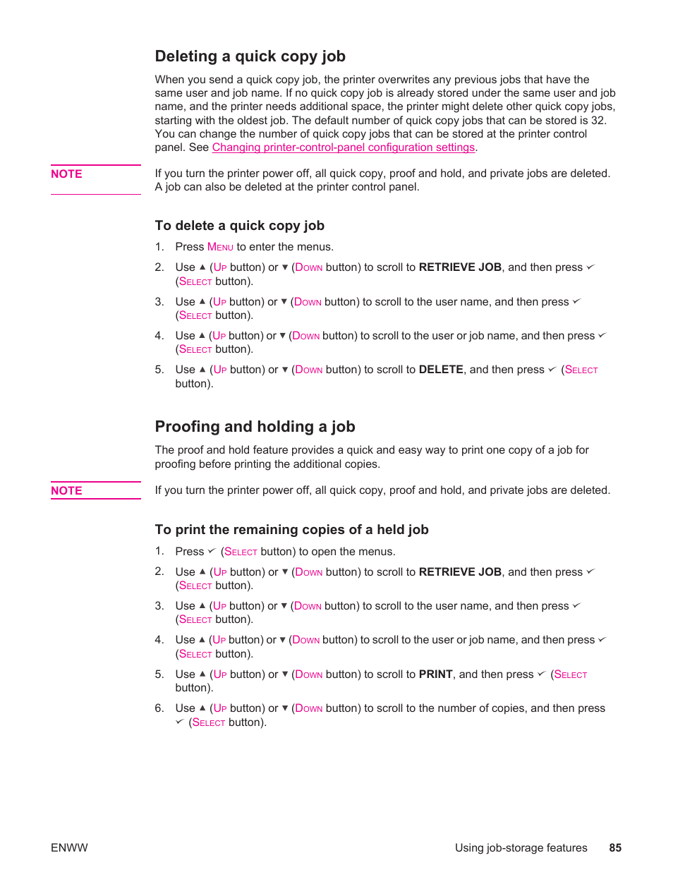 Deleting a quick copy job, Proofing and holding a job | HP LaserJet 4250 User Manual | Page 97 / 304