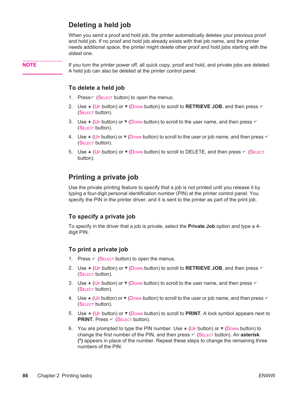 Deleting a held job, Printing a private job, Deleting a held job printing a private job | HP LaserJet 4250 User Manual | Page 98 / 304