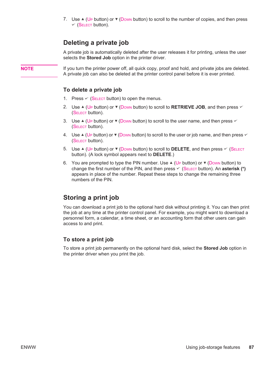 Deleting a private job, Storing a print job, Deleting a private job storing a print job | HP LaserJet 4250 User Manual | Page 99 / 304