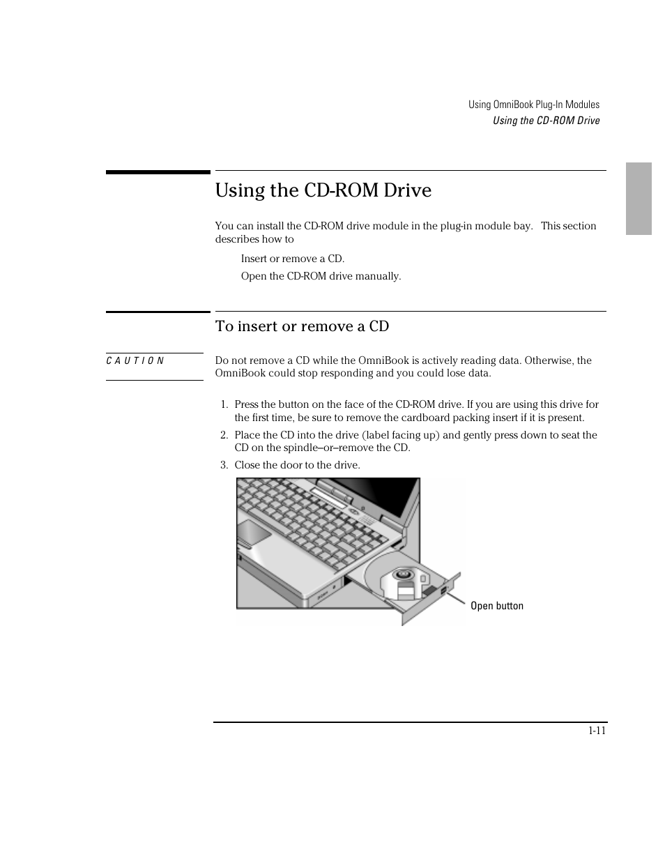 Using the cd-rom drive | HP OmniBook 3100 Notebook PC User Manual | Page 11 / 33