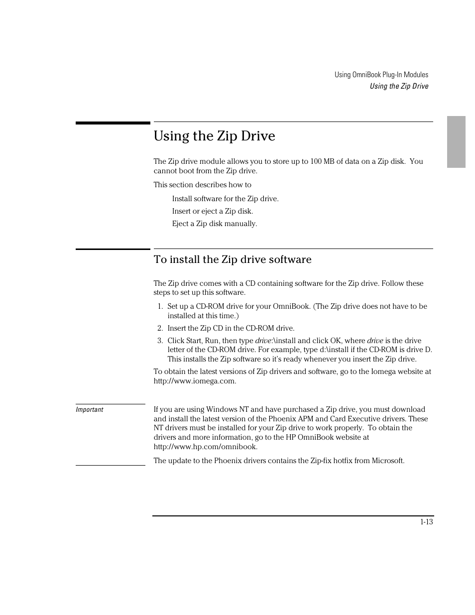 Using the zip drive | HP OmniBook 3100 Notebook PC User Manual | Page 13 / 33