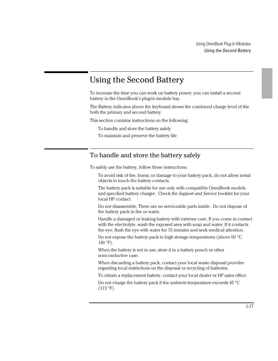 Using the second battery | HP OmniBook 3100 Notebook PC User Manual | Page 17 / 33