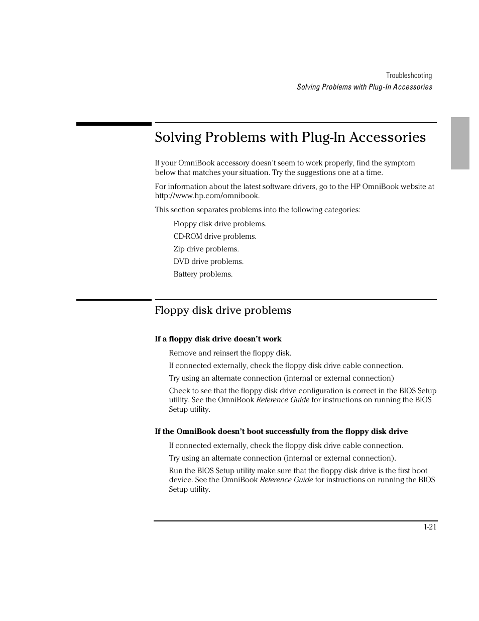 Solving problems with plug-in accessories, Floppy disk drive problems | HP OmniBook 3100 Notebook PC User Manual | Page 21 / 33