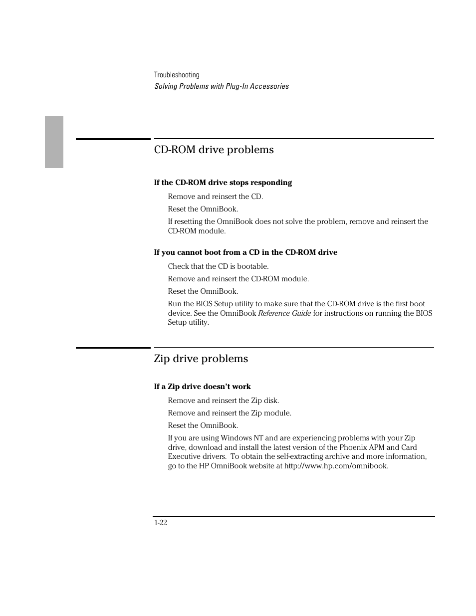 Cd-rom drive problems, Zip drive problems | HP OmniBook 3100 Notebook PC User Manual | Page 22 / 33