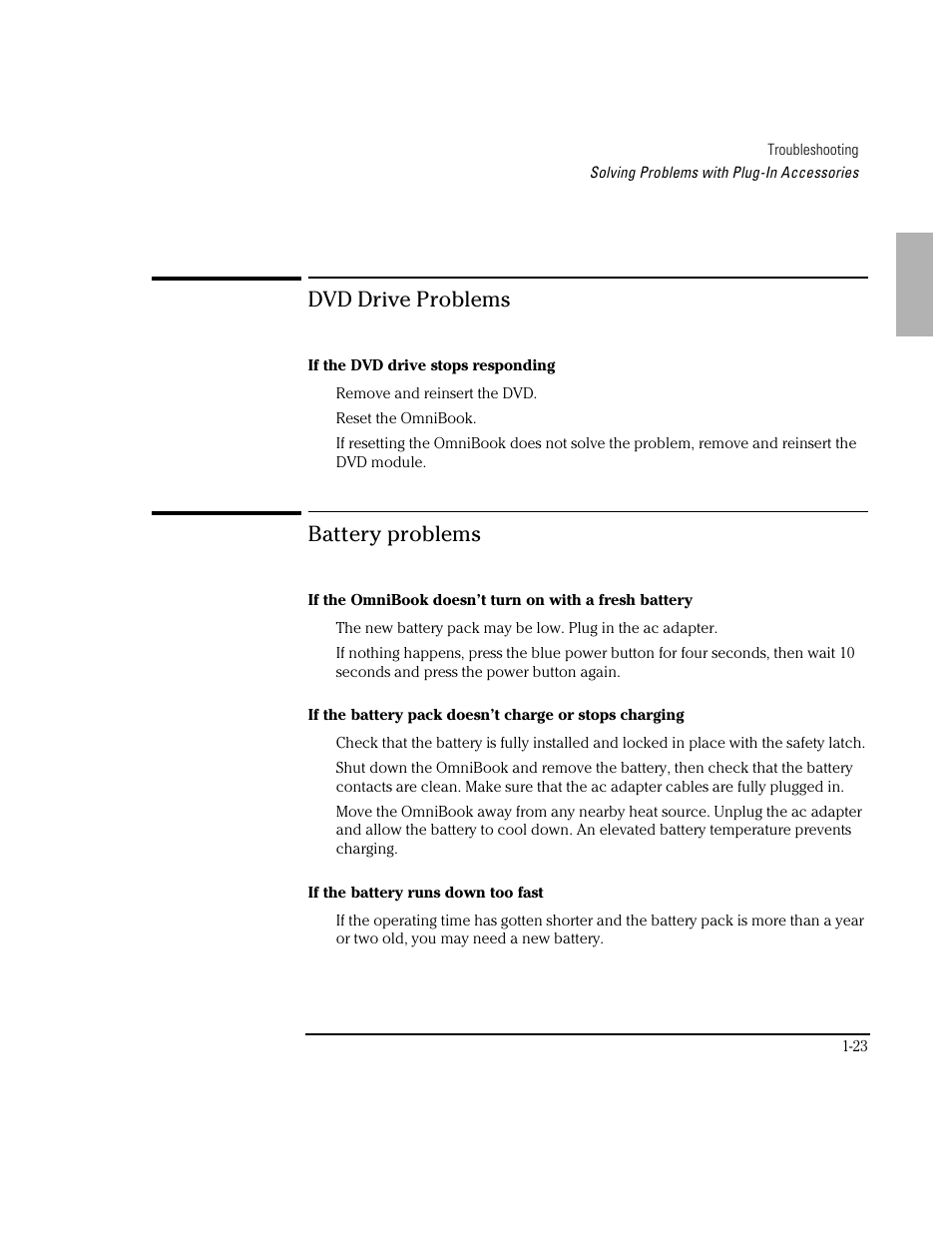 Dvd drive problems, Battery problems | HP OmniBook 3100 Notebook PC User Manual | Page 23 / 33