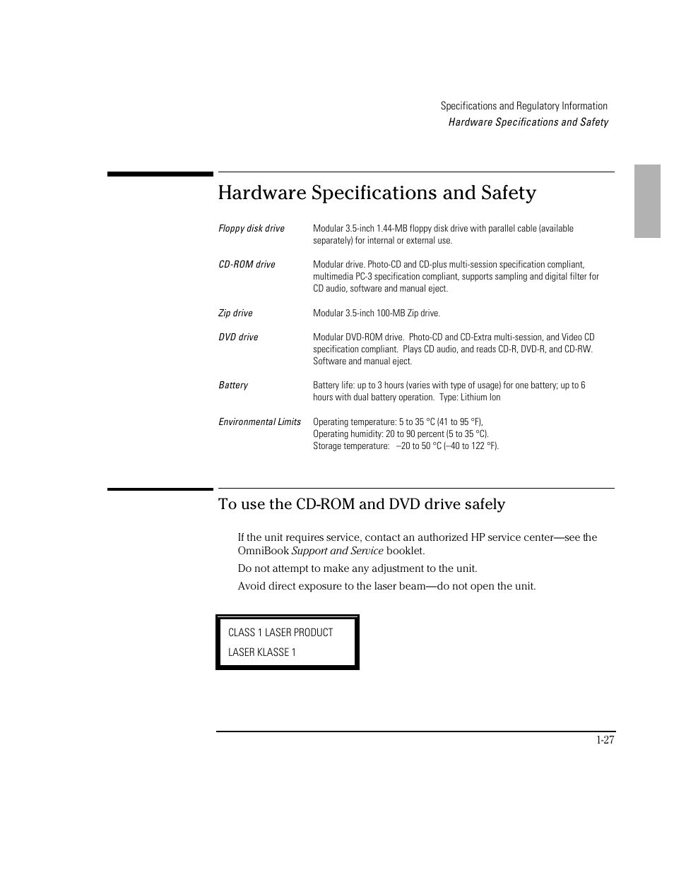 Hardware specifications and safety | HP OmniBook 3100 Notebook PC User Manual | Page 27 / 33