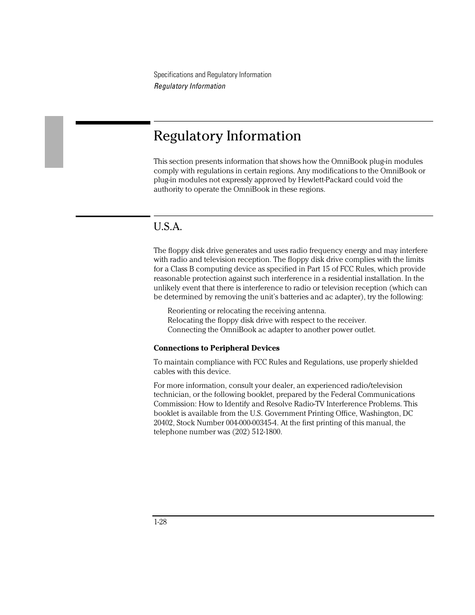 Regulatory information, U.s.a | HP OmniBook 3100 Notebook PC User Manual | Page 28 / 33