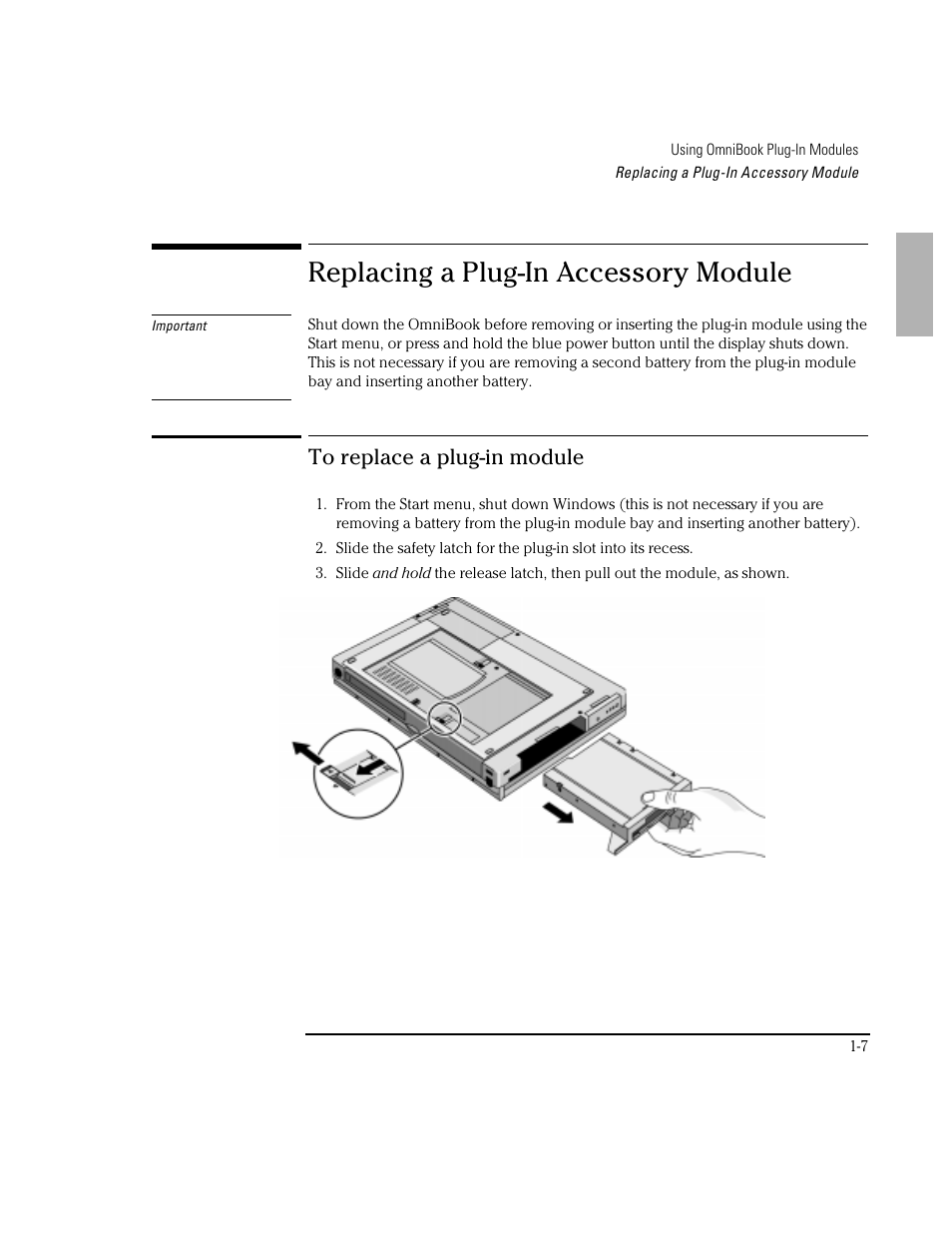 Replacing a plug-in accessory module | HP OmniBook 3100 Notebook PC User Manual | Page 7 / 33