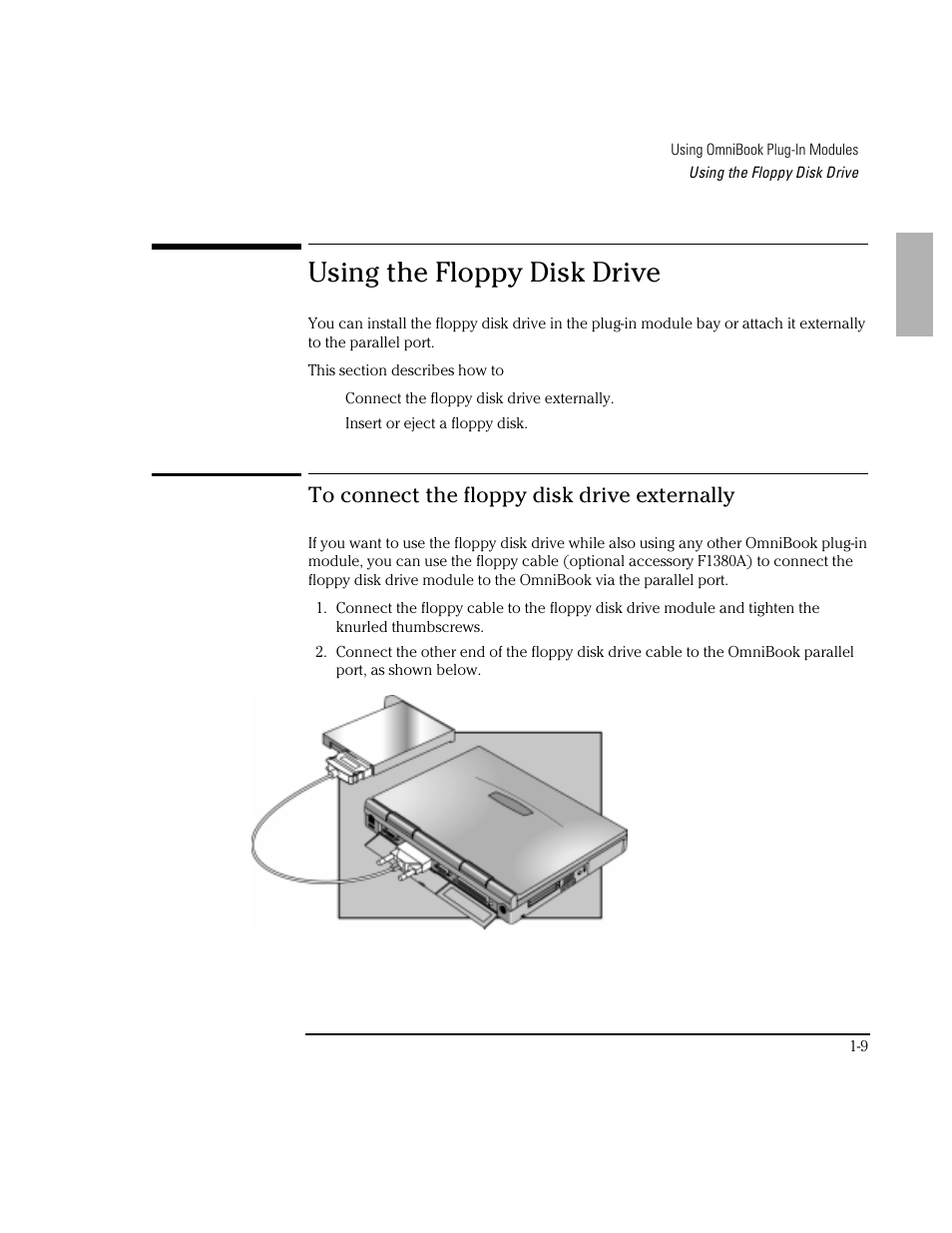 Using the floppy disk drive | HP OmniBook 3100 Notebook PC User Manual | Page 9 / 33