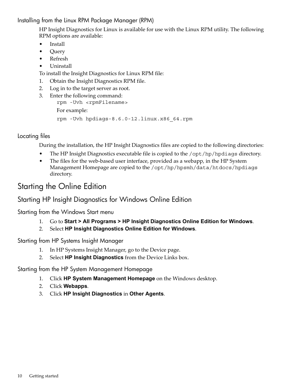 Locating files, Starting the online edition, Starting from the windows start menu | Starting from hp systems insight manager | HP Insight Diagnostics Software User Manual | Page 10 / 40